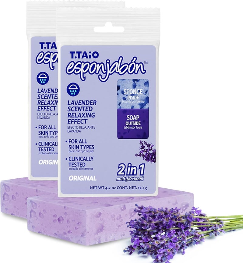 T. Taio Esponjabon Soap Sponge - Cleansing Shower Scrubber - Cleaning Bath Wash Scrub - Oil Removal - Massage & Lather Foot, Elbow, & Face - Bathroom Accessories - Fresh Lavender Scent - Image 1